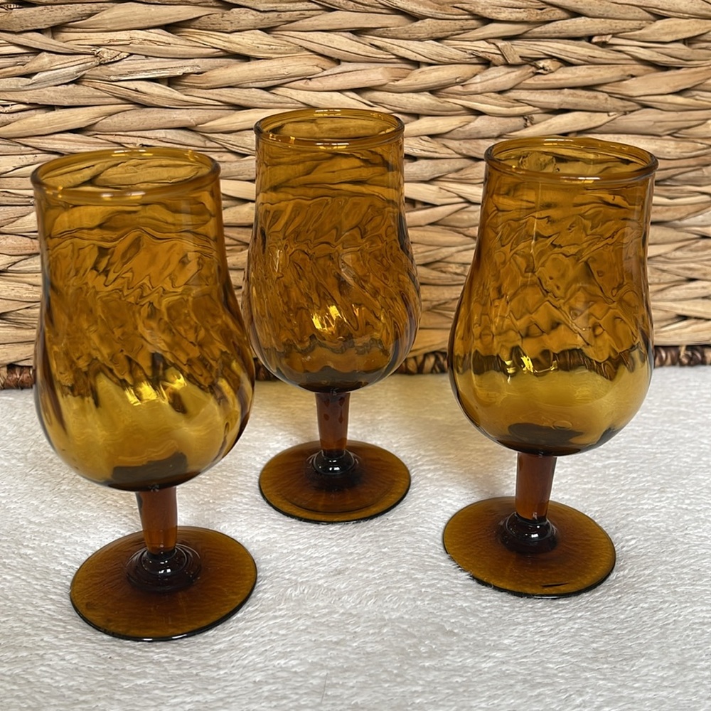 Hand Blown Cordial Amber Brown 4 ounces Wine Glass Drinking Glasses Set of 3